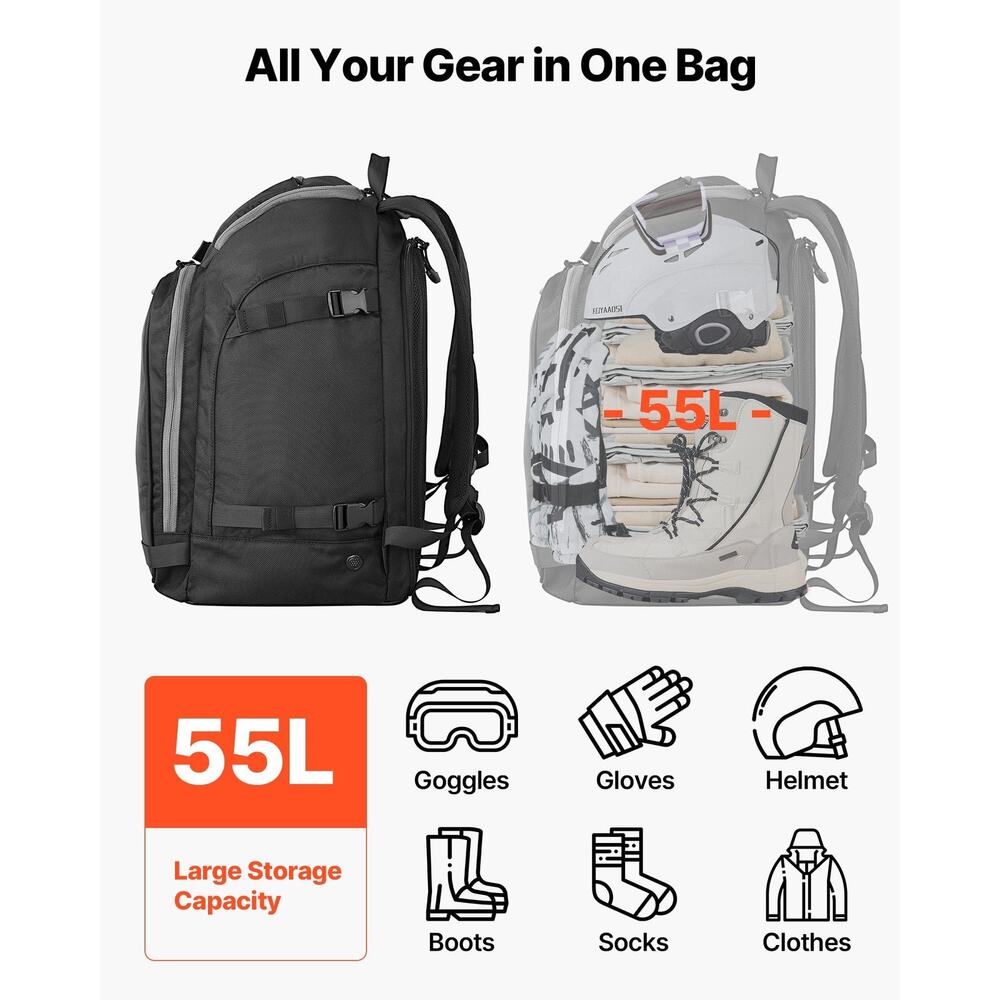 Ski Boot Bag, 55L, Snowboard Boots Travel Backpack for Men Women, with Waterpro